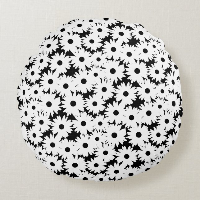 Negative Space Daisies white on black Round Cushion (Front)