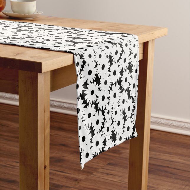 Negative Space Daisies white on black Short Table Runner (In Situ)