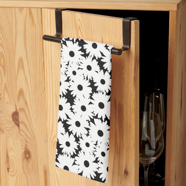 Negative Space Daisies white on black Tea Towel (Thirds Fold)