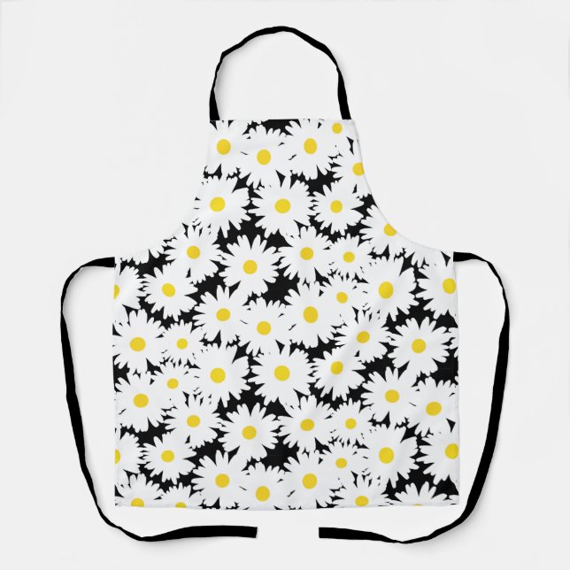 Negative Space Daisies white yellow on black Apron (Front)