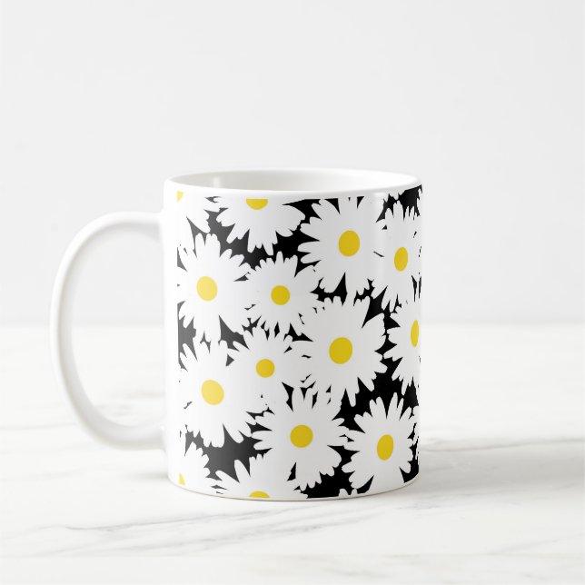 Negative Space Daisies white yellow on black Coffee Mug (Left)