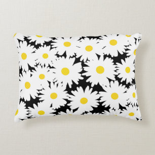 Negative Space Daisies white yellow on black Decorative Cushion