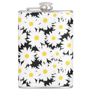 Negative Space Daisies white yellow on black Hip Flask