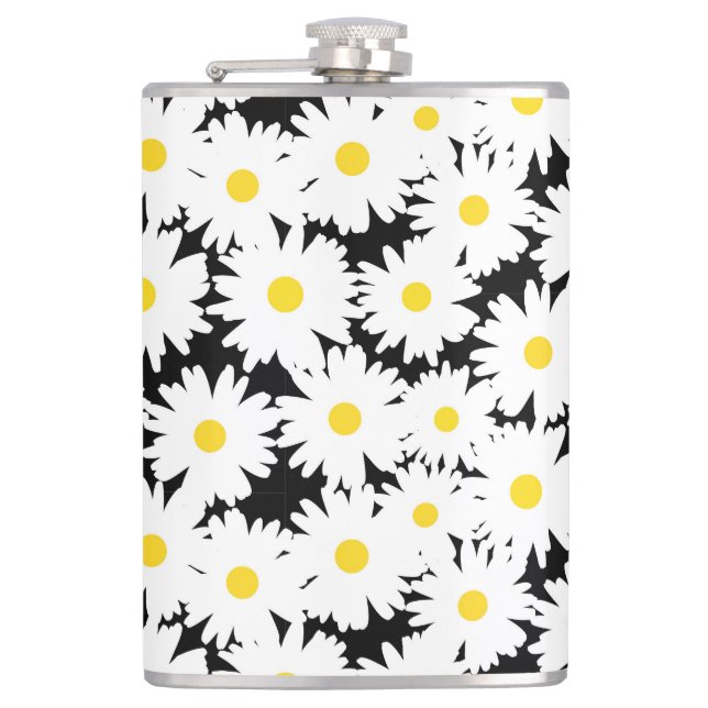 Negative Space Daisies white yellow on black Hip Flask (Front)