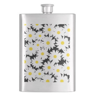Negative Space Daisies white yellow on black Hip Flask