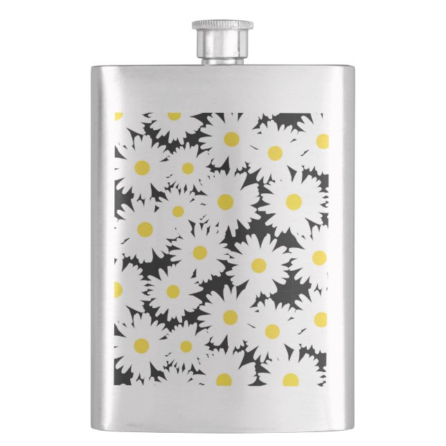 Negative Space Daisies white yellow on black Hip Flask (Front)