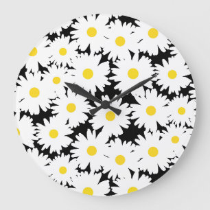 Negative Space Daisies white yellow on black Large Clock