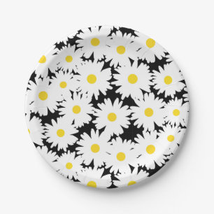 Negative Space Daisies white yellow on black Paper Plate