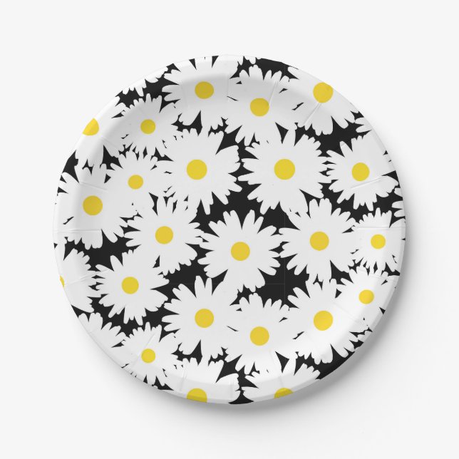 Negative Space Daisies white yellow on black Paper Plate (Front)