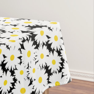 Negative Space Daisies white yellow on black Tablecloth