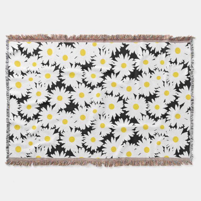 Negative Space Daisies white yellow on black Throw Blanket (Front)