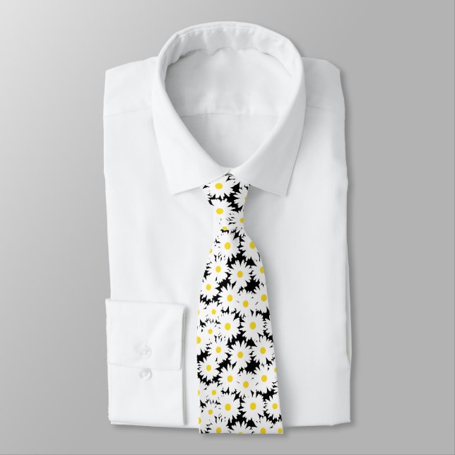Negative Space Daisies white yellow on black Tie (Tied)