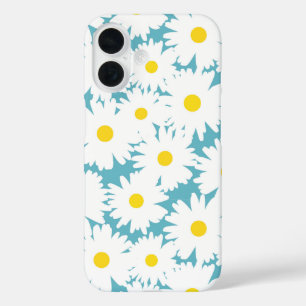 Negative Space Daisies white yellow on blue iPhone 16 Case
