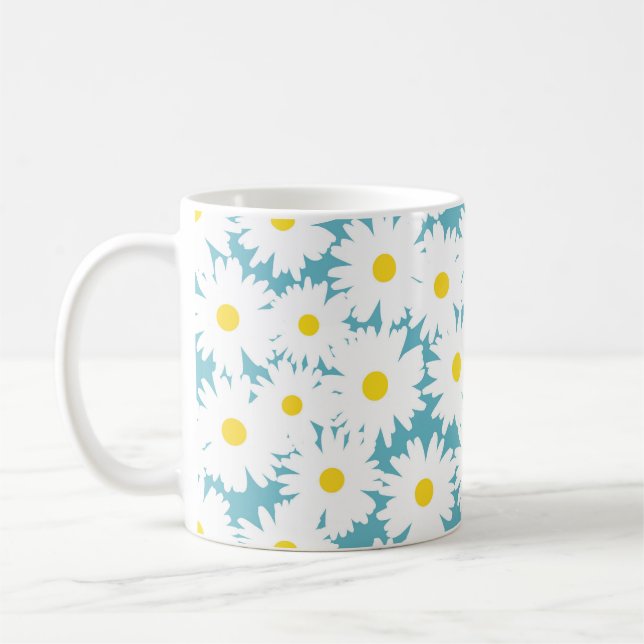 Negative Space Daisies white yellow on blue Coffee Mug (Left)
