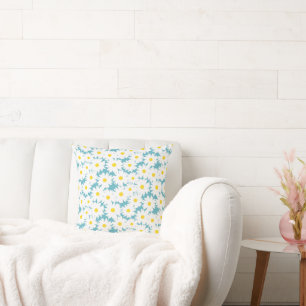 Negative Space Daisies white yellow on blue Cushion