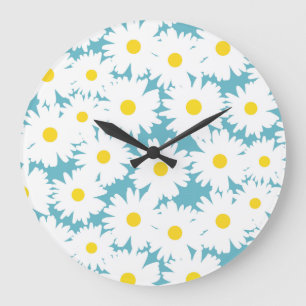 Negative Space Daisies white yellow on blue Large Clock