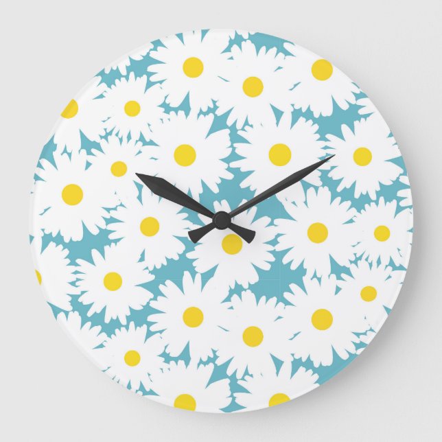 Negative Space Daisies white yellow on blue Large Clock (Front)