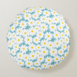 Negative Space Daisies white yellow on blue Round Cushion