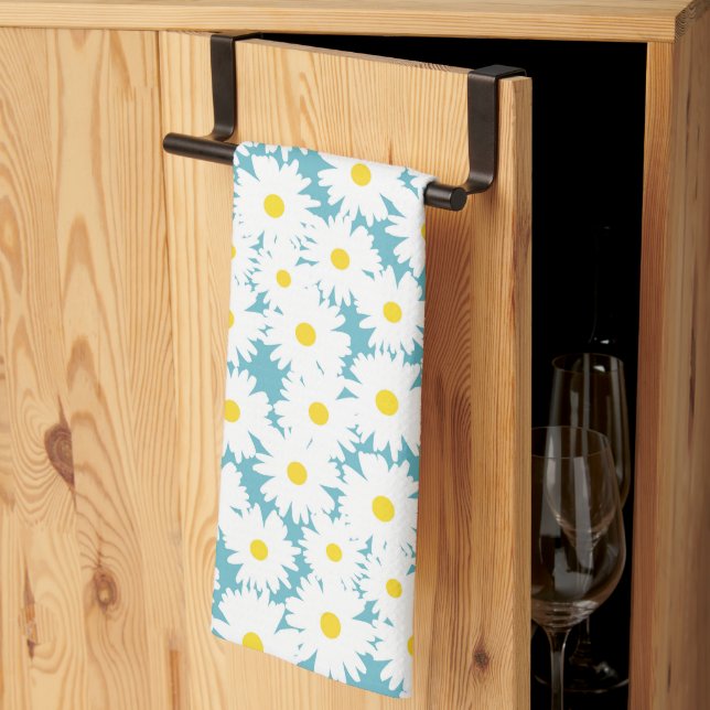 Negative Space Daisies white yellow on blue Tea Towel (Thirds Fold)