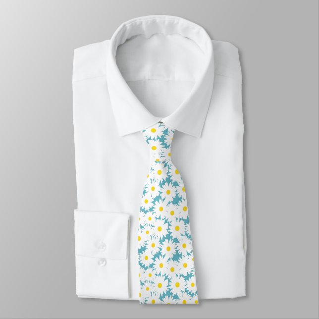 Negative Space Daisies white yellow on blue Tie (Tied)