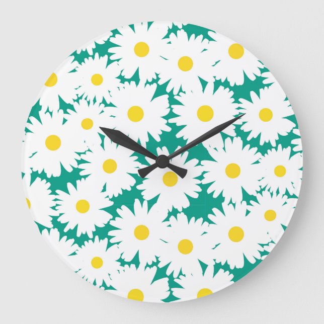 Negative Space Daisies white yellow on green Large Clock (Front)