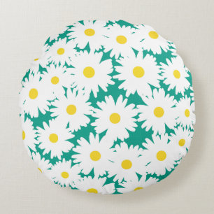 Negative Space Daisies white yellow on green Round Cushion