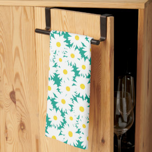 Negative Space Daisies white yellow on green Tea Towel