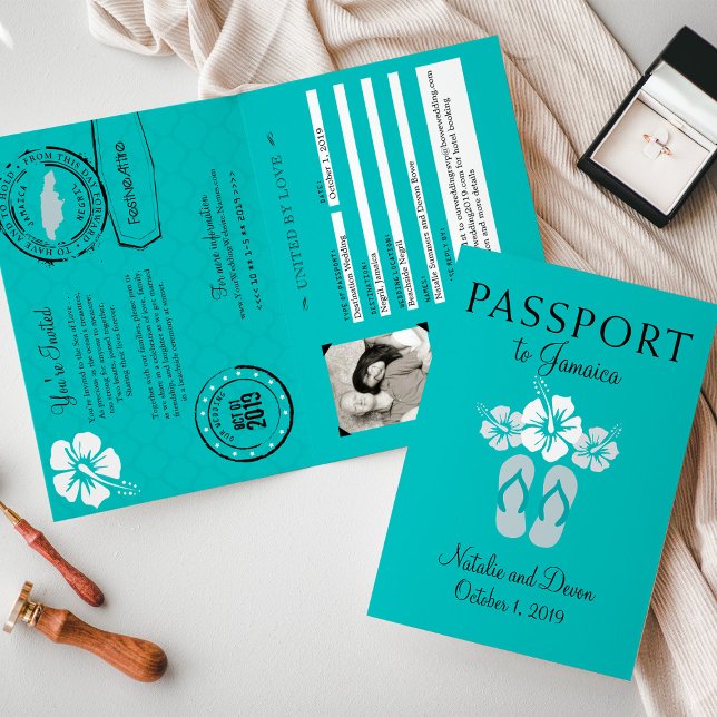 Negril Jamaica Turquoise Wedding Passport Invitation (Creator Uploaded)