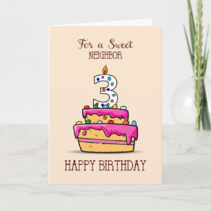 Neighbor 3rd Birthday, 3 on Sweet Pink Cake Card