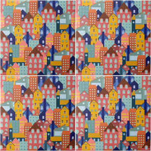 Neighborhood Block City Houses Pattern Ceramic Tile