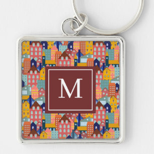 Neighborhood Block City Houses Pattern Key Ring