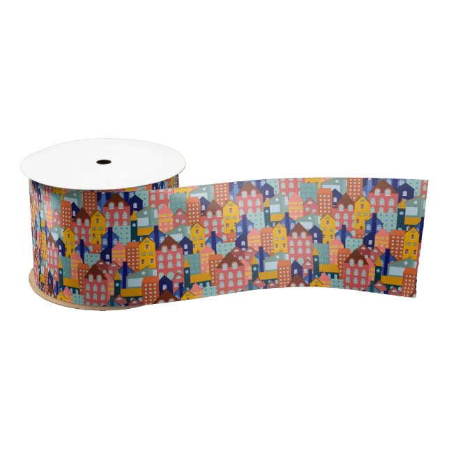 Neighborhood Block City Houses Pattern Satin Ribbon (Spool)