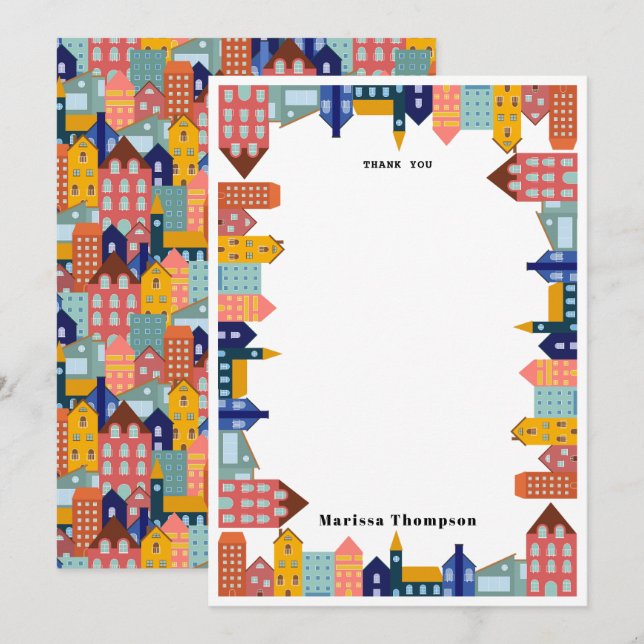 Neighborhood Block City Houses Pattern Thank You Card (Front/Back)