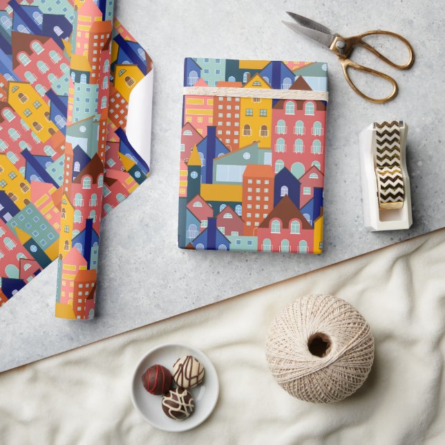 Neighborhood Block City Houses Pattern Wrapping Paper (Crafts)