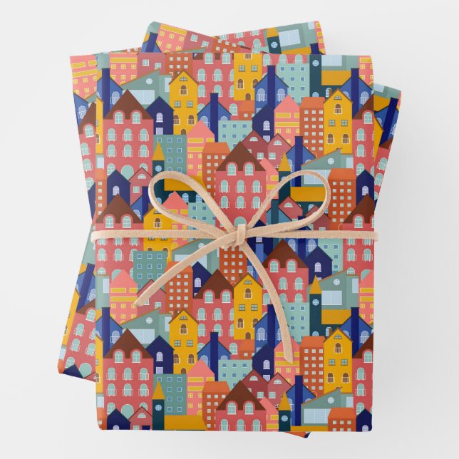 Neighborhood Block City Houses Pattern Wrapping Paper Sheet (In situ)