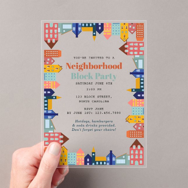 Neighborhood Block Party Meet Your Neighbors Acrylic Invitations (Insitu (Handheld))