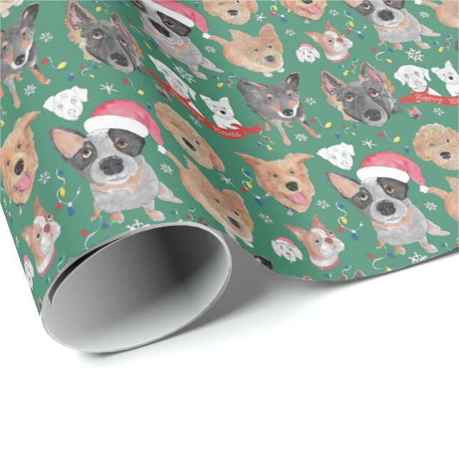 Neighborhood Dogs Christmas Green  Wrapping Paper (Roll Corner)