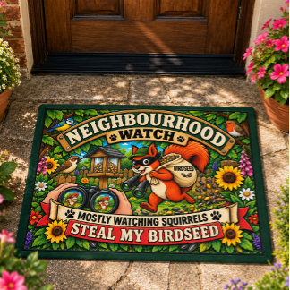 Neighborhood Watch Funny Squirrel Birdwatching Doormat
