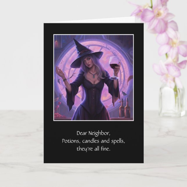 Neighbour Halloween Humourous Witch with Wine  Card (Orchid)