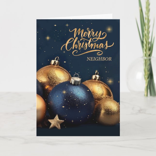 Neighbour Navy Blue Gold Ornaments Christmas Holiday Card (Front)