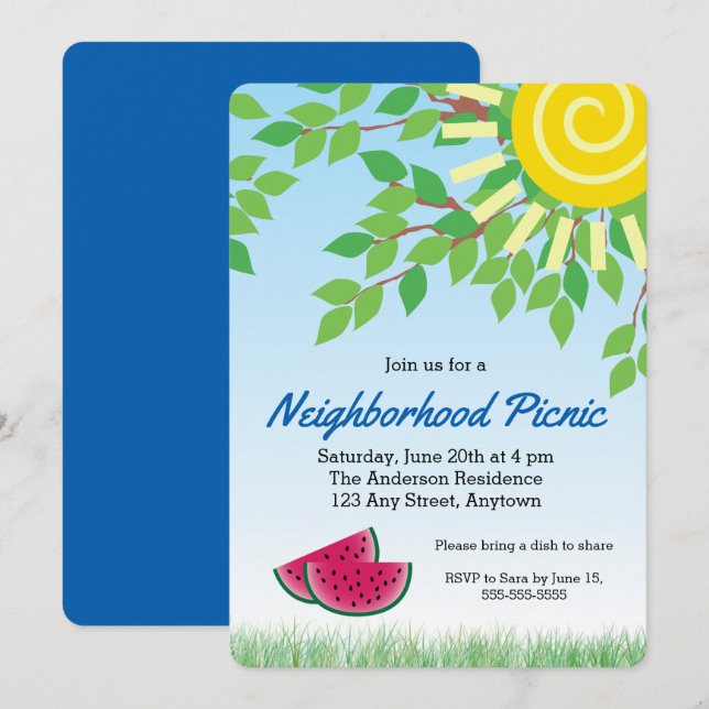 Neighbourhood Picnic Invitati with Watermelon & Su Invitation (Front/Back)