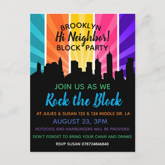 Neighbourhood rock the block Block Party Invitatio Postcard (Front)