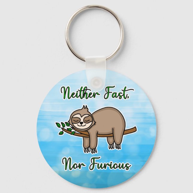 Neither Fast nor Furious Lazy Sloth on Tree Branch Key Ring (Front)