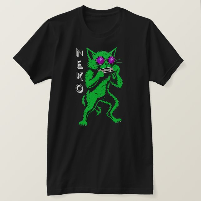 Neko Harmonica Blues Cat T-Shirt . Neko means Cat  (Design Front)