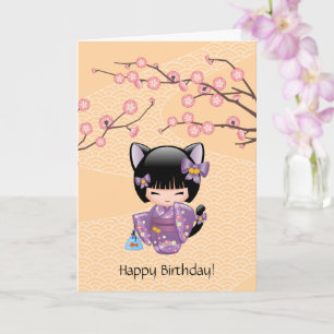 Neko Kokeshi Doll - Cat Ears Geisha Girl Birthday Card