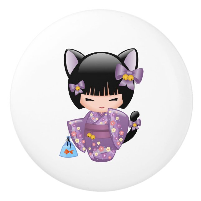 Neko Kokeshi Doll - Cat Ears Geisha Girl Ceramic Knob (Front)