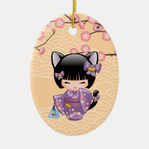 Neko Kokeshi Doll - Cat Ears Geisha Girl Ceramic Ornament