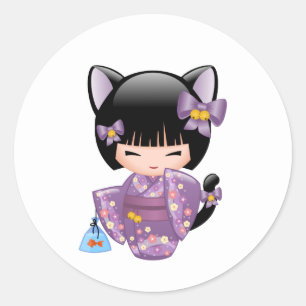 Neko Kokeshi Doll - Cat Ears Geisha Girl Classic Round Sticker