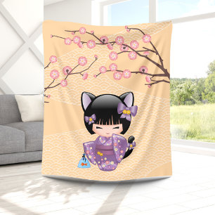 Neko Kokeshi Doll - Cat Ears Geisha Girl Fleece Blanket