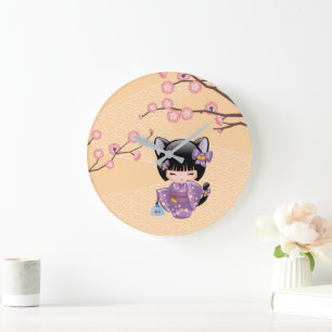 Neko Kokeshi Doll - Cat Ears Geisha Girl Large Clock